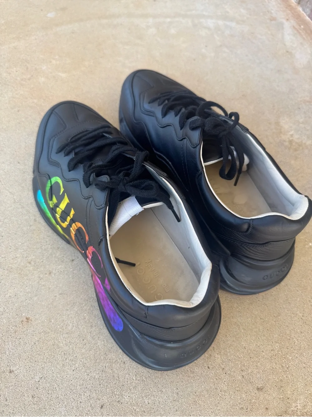Gucci Black Leather Sneakers with Rainbow Script